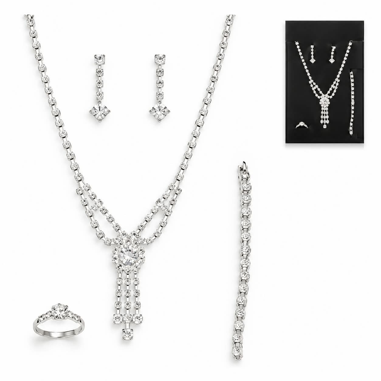 Set Bijou Collar Aros Pulsera Anillo Fantasia Strass 4 Piezas