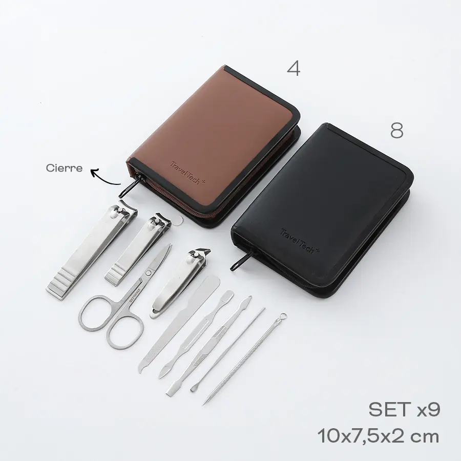 Set Manicuria Travel Tech 10cm 7,5cm 2cm Acero + PU x9 Cierre