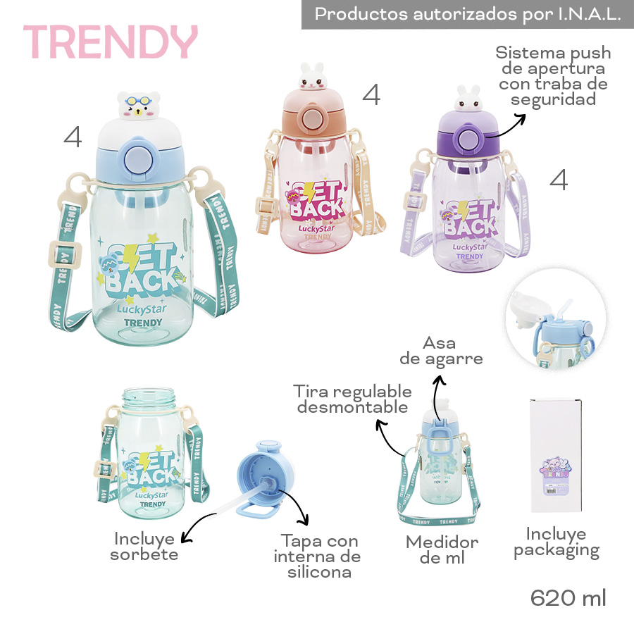 Botella Trendy 620ml Niños Plastico Push Medidor Packaging