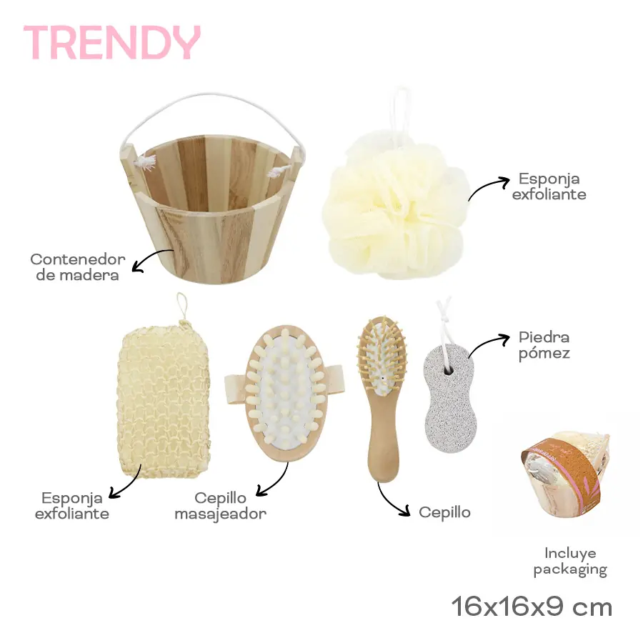Set Baño Trendy 16cm 16cm 9cm Madera Esponja Goma Nylon