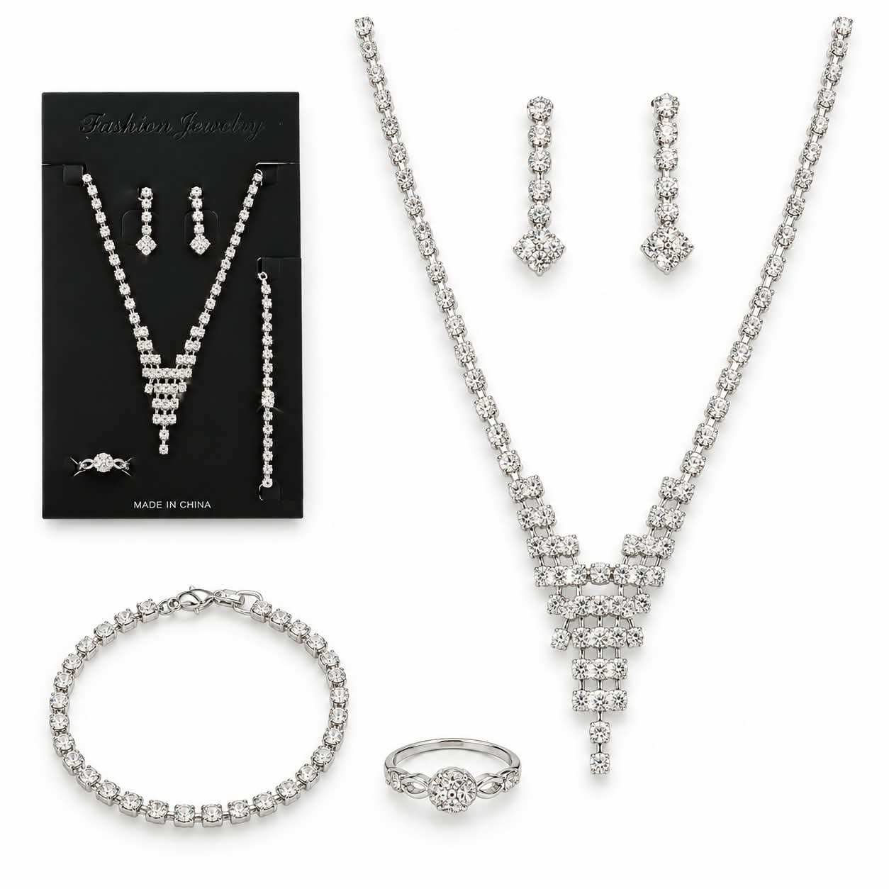 Set Bijou Collar Aros Pulsera Anillo Fantasia Strass 4 Piezas