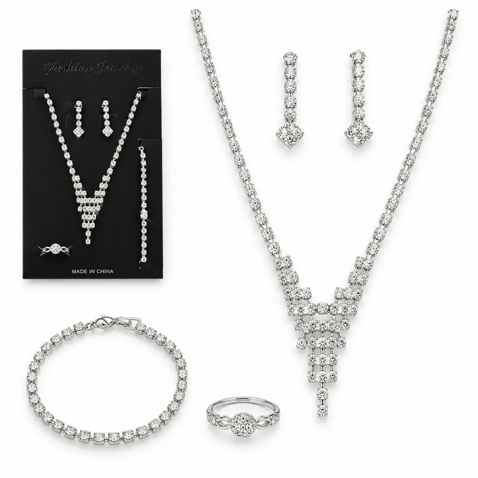 Set Bijou Collar Aros Pulsera Anillo Fantasia Strass 4 Piezas
