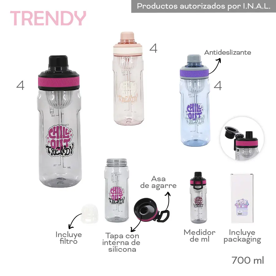 Botella Trendy 700ml Niños Plastico Con Filtro Packaging