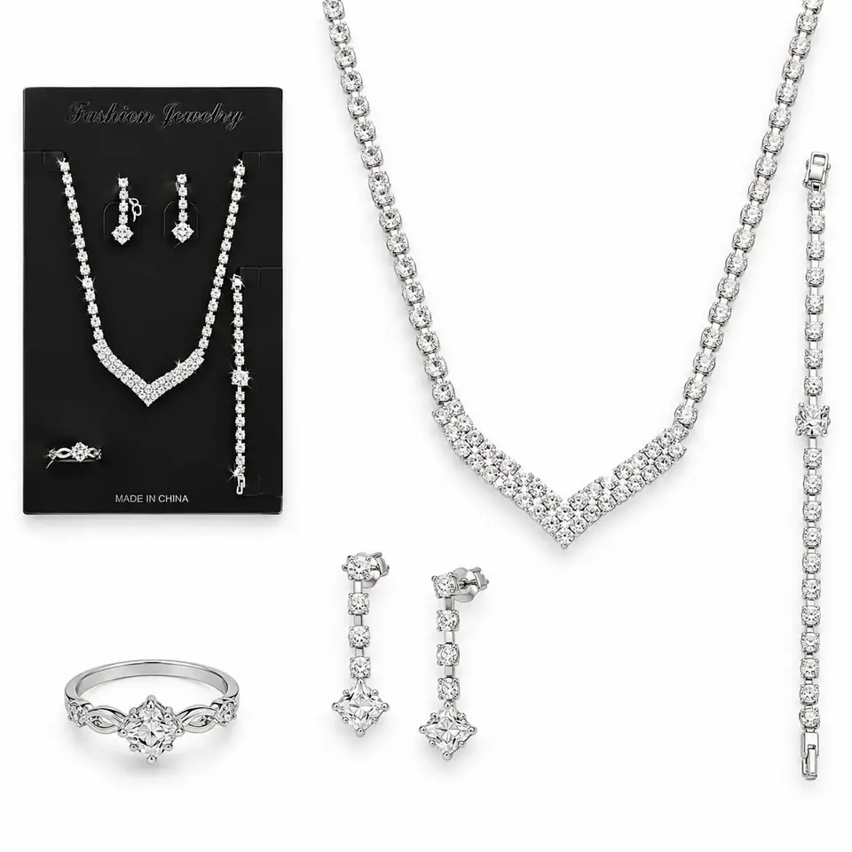 Set Bijou Collar Aros Pulsera Anillo Fantasia Brillo 4 Piezas