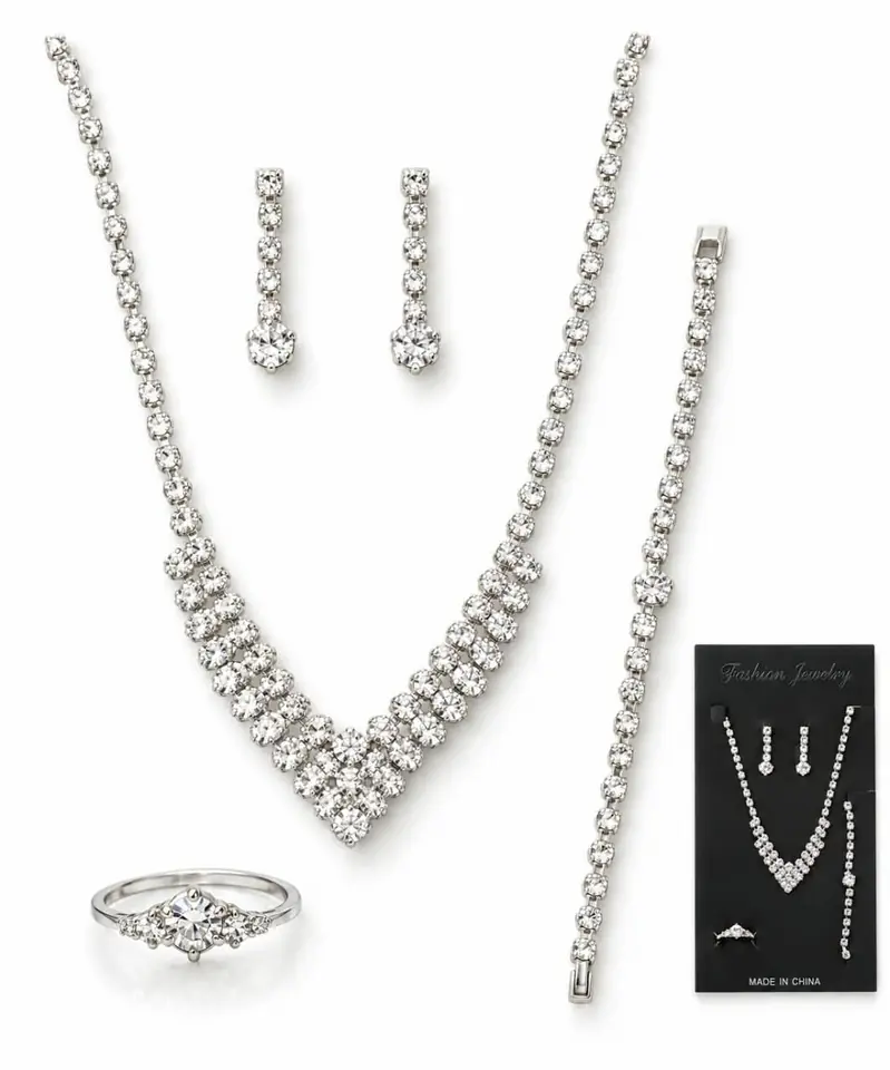Set Bijou Collar Aros Pulsera Anillo Fantasia Strass 4 Piezas