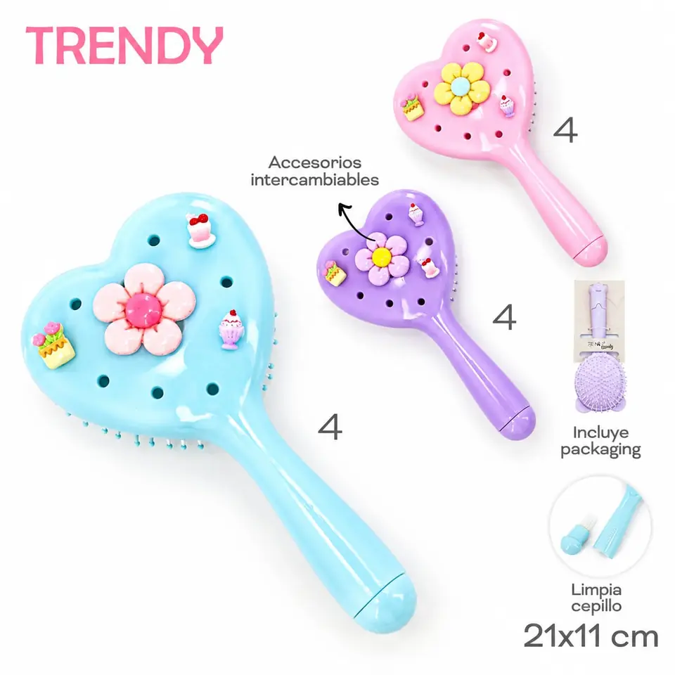 Cepillo Trendy Acces Intercambiables 21cm 11cm Corazon Limpia Cepillo Packaging