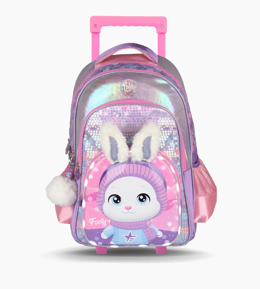 MOCHILA CARRO 18´´ BUNNY LILA CON LUZ LED