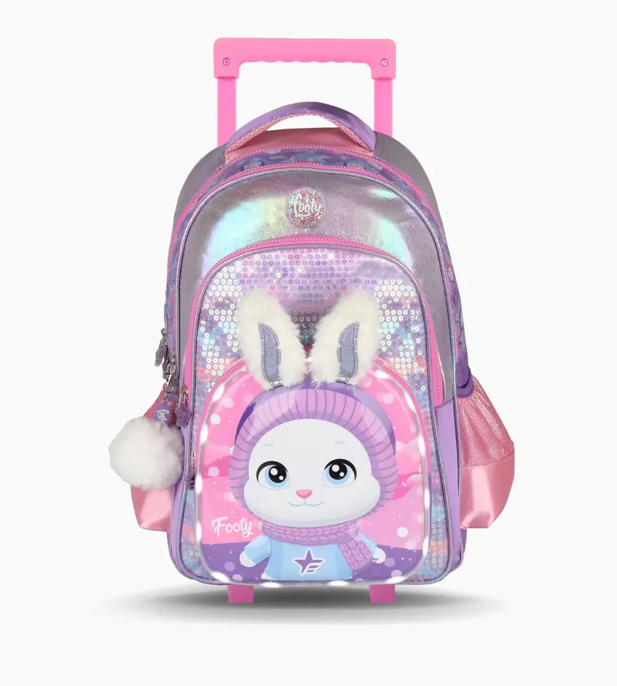 MOCHILA CARRO 18´´ BUNNY LILA CON LUZ LED
