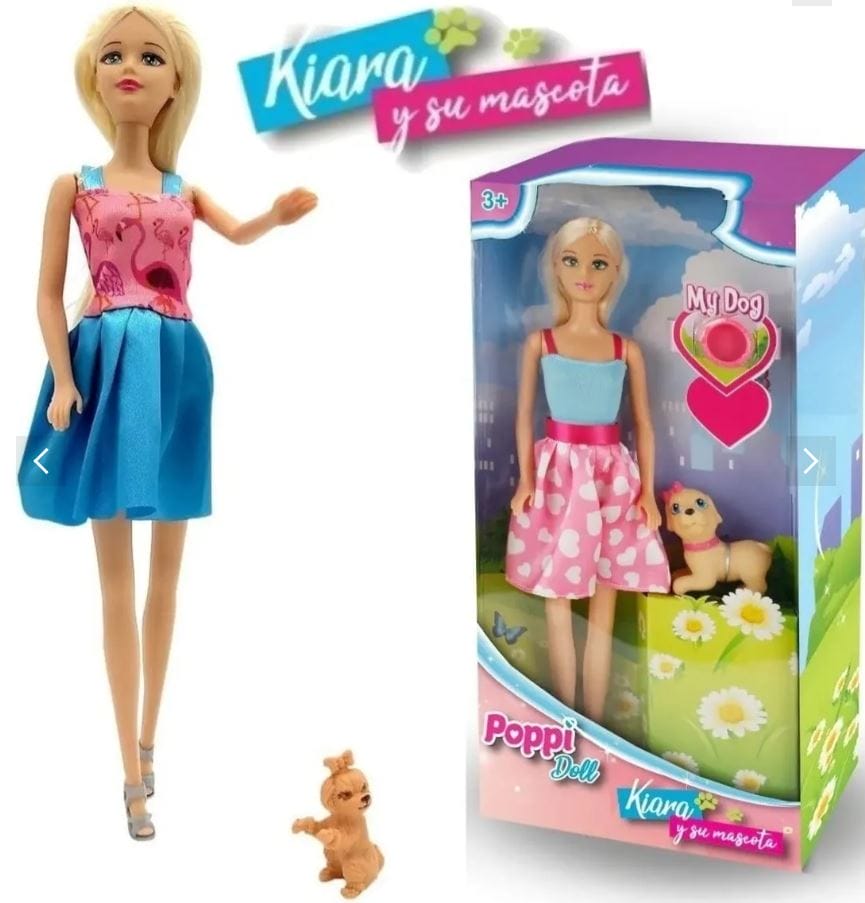 Muñeca Articulada Kiara Y Su Mascota Perrito + Platito