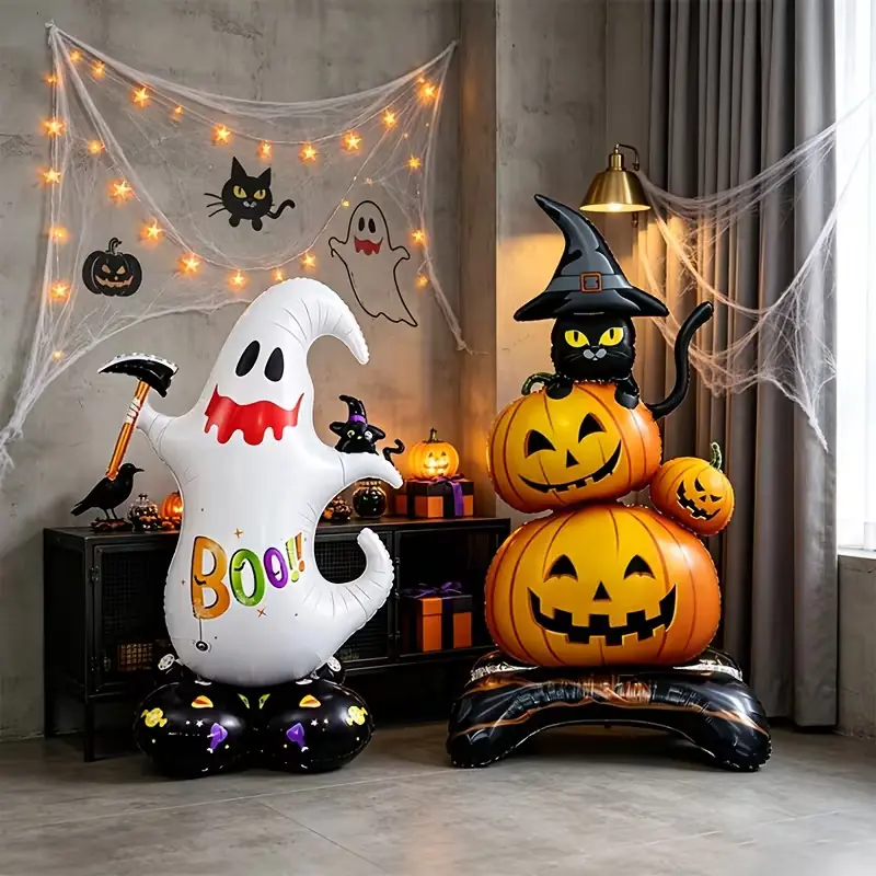 Set 2 Globos Halloween Gigantes: Fantasma + Gato con Calabazas